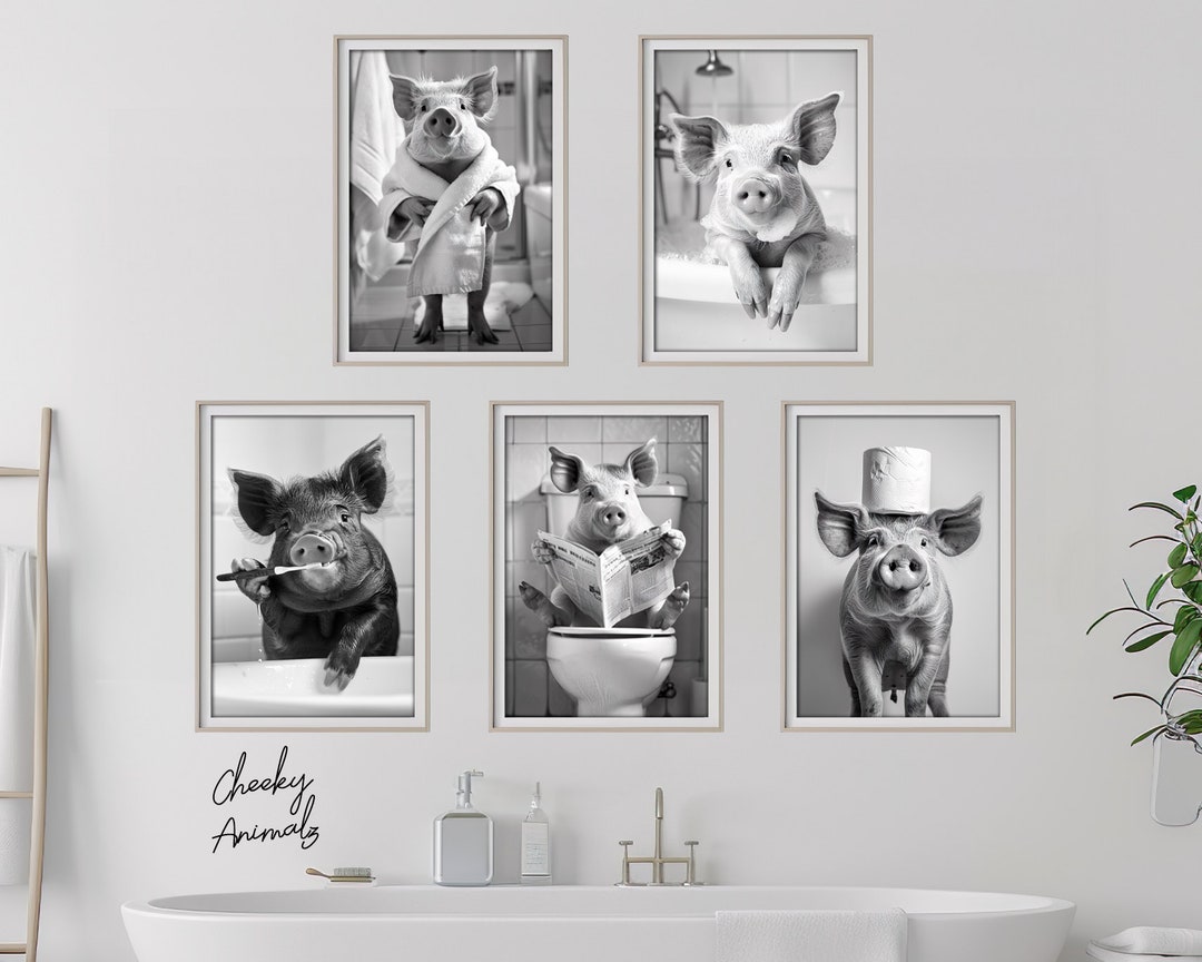Funny Pig Wall Art Bundle of 5, Animal Bathroom Photo Print Set, Pig on ...