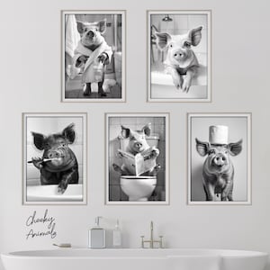 May include: A set of four black and white photos featuring pigs in various bathroom settings. The pigs are wearing a bathrobe, taking a bath, reading a newspaper on the toilet, and wearing a toilet paper roll as a hat.