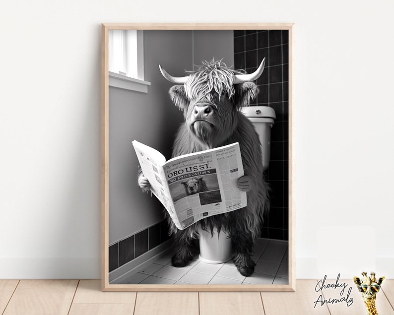 Highland Cow Sitting on the Toilet Reading a Newspaper, Funny Bathroom Wall Decor, Funny Animal Print, Home Printables, AI Digital Art image 1