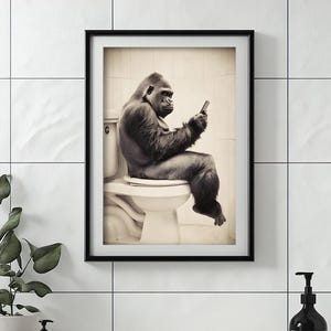 Gorilla Sitting on the Toilet Watching Phone, Funny Bathroom Wall Decor, Vintage Style Animal Photo, Quirky Toilet Humor, Printable AI Art