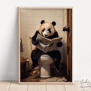 Panda Sitting on the Toilet Reading a Newspaper, Funny Bathroom Humor, Wall Decor, Funny Animal Print, Home Printables, AI Digital Prints