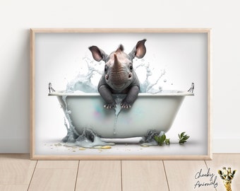 Cute Baby Rhino in the Bathtub, Funny Animal Wall Art, Bathroom Wall Print, Funny Rhino Photograph, Printable Home Decor, AI Digital Prints