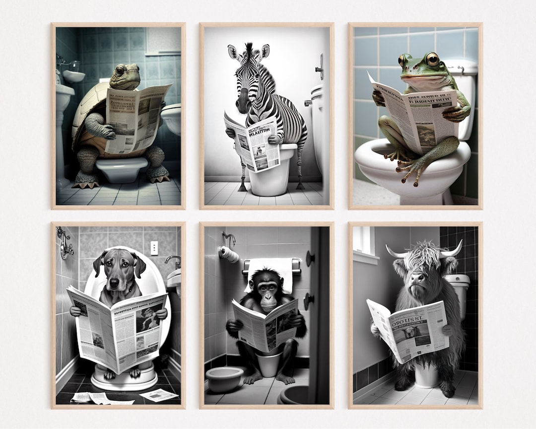 Animals Sitting on the Toilet Reading a Newspaper, Bundle of 6, Funny Bathroom Wall Decor