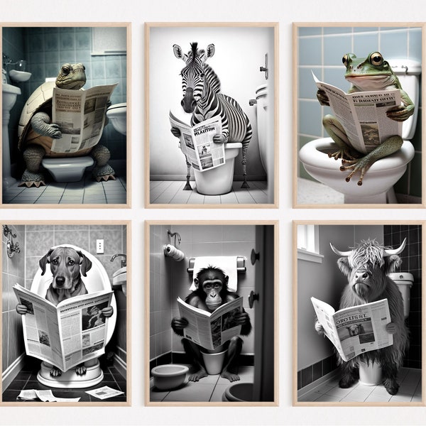 Animals Sitting on the Toilet Reading a Newspaper, Bundle of 6, Funny Bathroom Wall Decor, Animal Humor Prints, Home Printables, AI Created