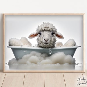 May include: A white fluffy lamb enjoys a bath in a white tub filled with bubbles. The lamb is looking directly at the camera with a happy expression.