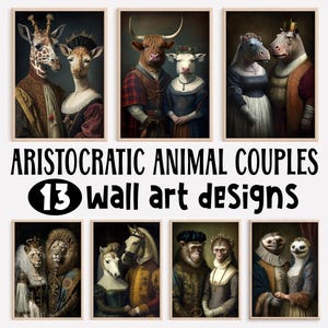 Puede incluir: Un conjunto de 13 diseños digitales de arte de pared con parejas de animales en un estilo aristocrático y caprichoso. Cada diseño representa una pareja de animales diferente, como una jirafa y una cebra, un toro y una vaca, un hipopótamo y un rinoceronte, un león y una leona, un caballo y una yegua, un mono y un mono, y un perezoso y un perezoso. Los diseños son perfectos para agregar un toque de capricho y encanto a cualquier habitación.