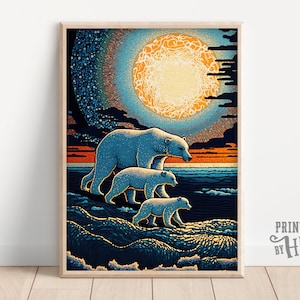Polar Bear Mama and 2 Baby Cubs, Pointillism Animal Art, Printables, Arctic Landscape, Polar Bear Print, Beautiful Home Decor, AI Created