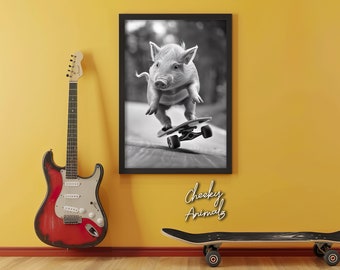 Funny Pig Skateboarding Art Print: Animal Wall Decor (Digital Download)