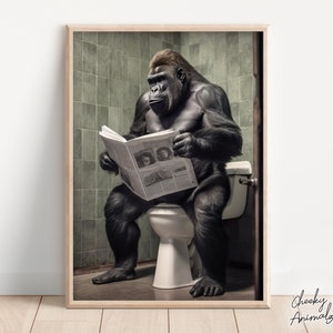 Gorilla Sitting on the Toilet Reading a Newspaper, Funny Bathroom Wall Decor, Funny & Quirky Animal Print, Home Printables, AI Digital Art