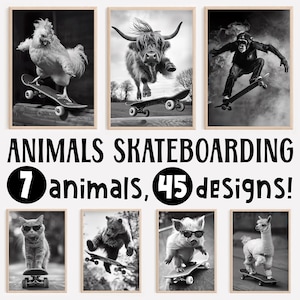 Tiere Skateboarding Bundle, lustige Tier Wandkunst, Kuh, Affe, Katze, Bär, Alpaka, Huhn, Schwein, Vintage Fotografie, druckbare AI Kunst