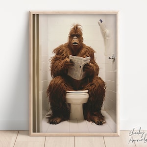 Sasquatch Sitting on the Toilet Reading a Newspaper, Funny Bigfoot Print, Funny Bathroom Printables, Mythical Creature Wall Art, AI Art
