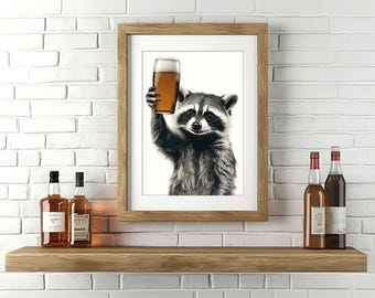 May include: A framed print of a raccoon holding a glass of beer. The raccoon is looking at the camera. The print is on a wooden shelf with two bottles of liquor.