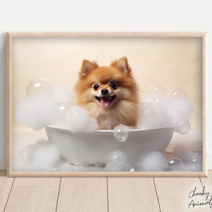 Pommernwelpe in der Badewanne, süße Hundefotografie, Pommersches Schaumbad, lustige Tierdrucke, lustige Badezimmerwandkunst, Printables, AI Art