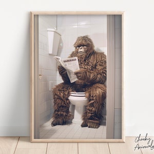 Sasquatch Sitting on the Toilet Reading a Newspaper, Funny Bigfoot Print, Funny Bathroom Printables, Mythical Creature Wall Art, AI Art