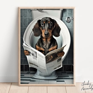 Dachshund Sitting on the Toilet Reading a Newspaper, Funny Bathroom Wall Art, Funny Dog Photo, Animal Prints, Home Printable, AI Digital Art