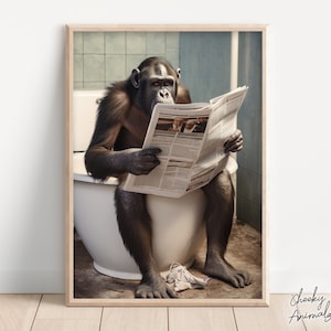 Bonobo Ape Sitting on the Toilet Reading a Newspaper, Funny Bathroom Wall Art, Funny Monkey Print, Funny Animal Photo, Printables, AI Art