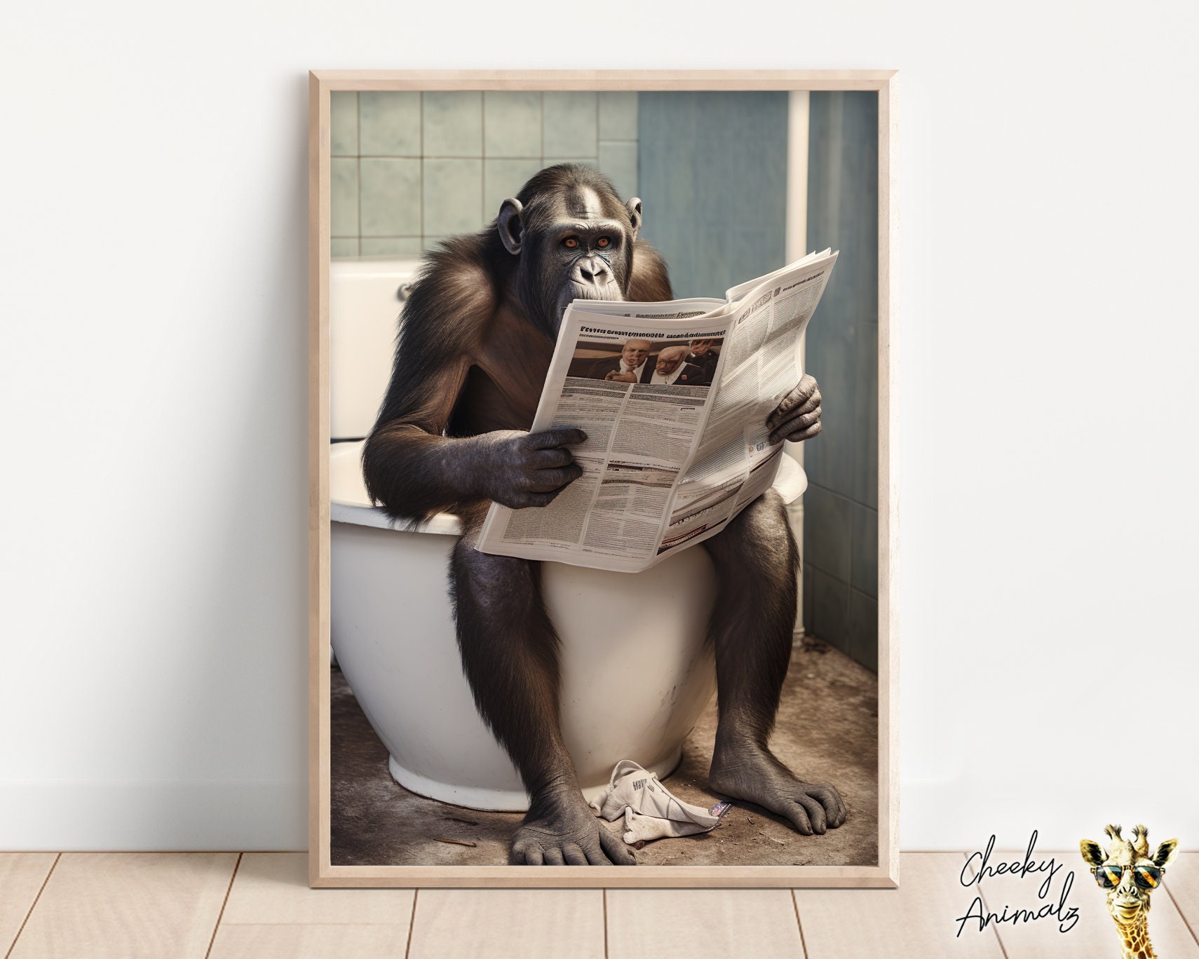 Bonobo Ape Sitting on the Toilet Reading a Newspaper Funny Bathroom Wall Art Funny Monkey Print Funny Animal Photo Printables AI Art Etsy Canada