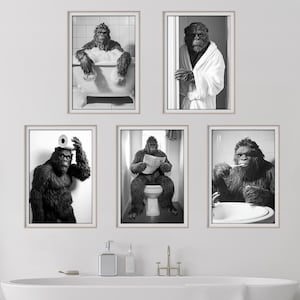 Sasquatch Wall Art Bundle of 5, Funny Bathroom Decor, Cute Animals, Bigfoot on Toilet, in Bath, Bathrobe, Brushing Teeth, Printable AI Art
