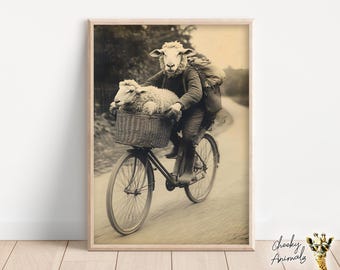 Sheep Riding a Bike Funny Animal Wall Art Sheep with Bicycle Funny Vintage Style Animal Photo Cute Retro Home Print Printable AI Art