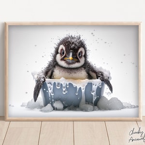 Cute Baby Penguin in the Bathtub, Funny Animal Wall Art, Bathroom Wall Print, Penguin Photograph, Printable Home Decor, AI Digital Prints