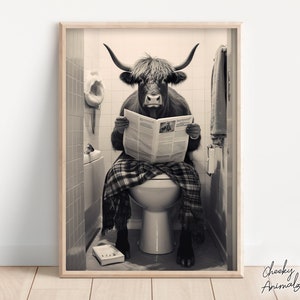 Highland Cow Sitting on the Toilet Reading a Newspaper, Funny Bathroom Wall Decor, Funny Animal Print, Home Printables, AI Digital Art