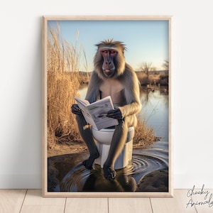 Mandrill Monkey Sitting on the Toilet Reading a Newspaper, Funny Bathroom Wall Art, Funny Monkey Print, Animal Photos, Printables, AI Art