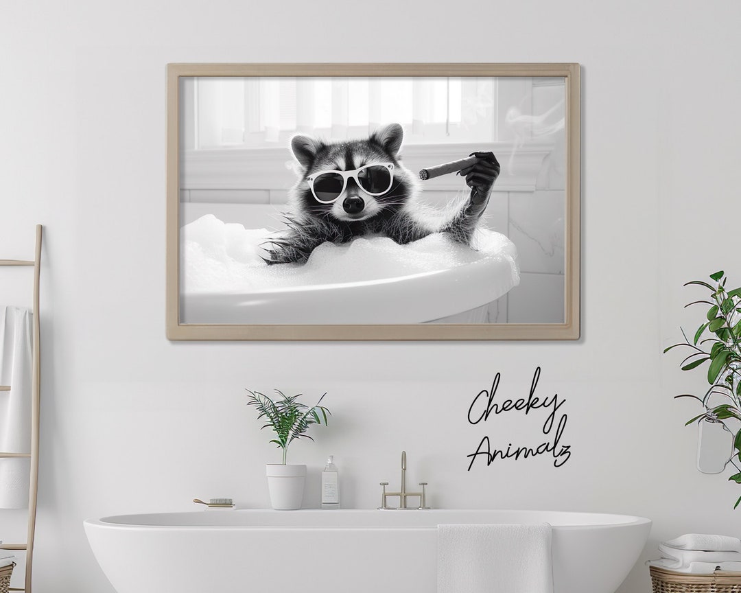 Cool Raccoon in Bathtub Smoking a Cigar, Funny Bathroom Wall Art ...