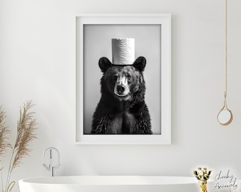 Funny Bear Bathroom Print: Vintage Animal Photo with Toilet Paper (Digital Download)
