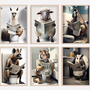 Animals Sitting on the Toilet Reading a Newspaper, Bundle of 6, Funny Bathroom Wall Decor, Animal Humor Prints, Home Printables, AI Created