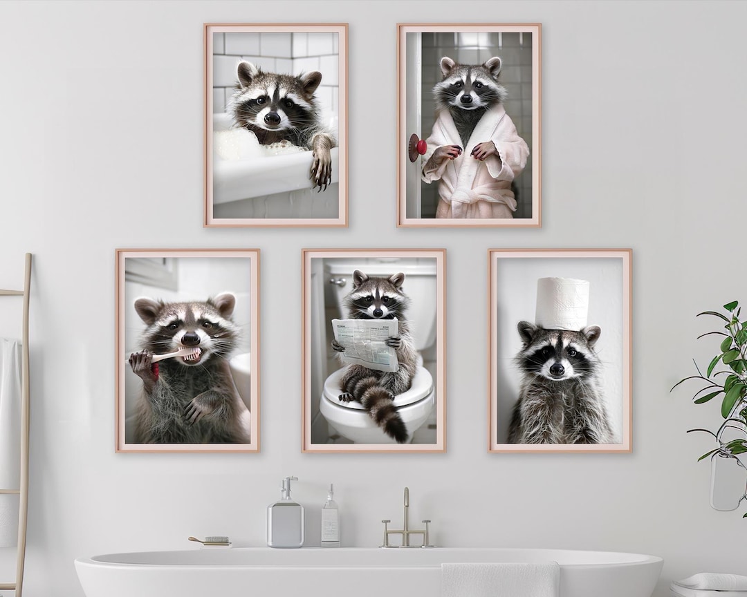 Funny Raccoon Bathroom Prints: Animal Humor Wall Art (set of 5 Digital ...