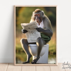 Mandrill Monkey Sitting on the Toilet Reading a Newspaper, Funny Bathroom Wall Art, Funny Monkey Print, Animal Photos, Printables, AI Art