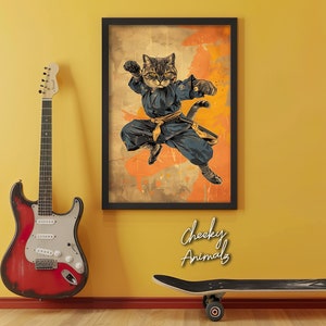 Ninja Cat gooit karate, afdrukbare jongens game room wanddecoratie, filmposterstijl, vechtsporten, grappige dieren muurkunst, AI-kunst