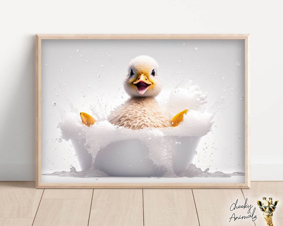 Cute Baby Duck in the Bathtub, Funny Animal Wall Art, Bathroom Wall
