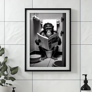 Monkey Sitting on the Toilet Reading a Newspaper, Funny Bathroom Wall Decor, Funny & Quirky Animal Print, Home Printables, AI Digital Art