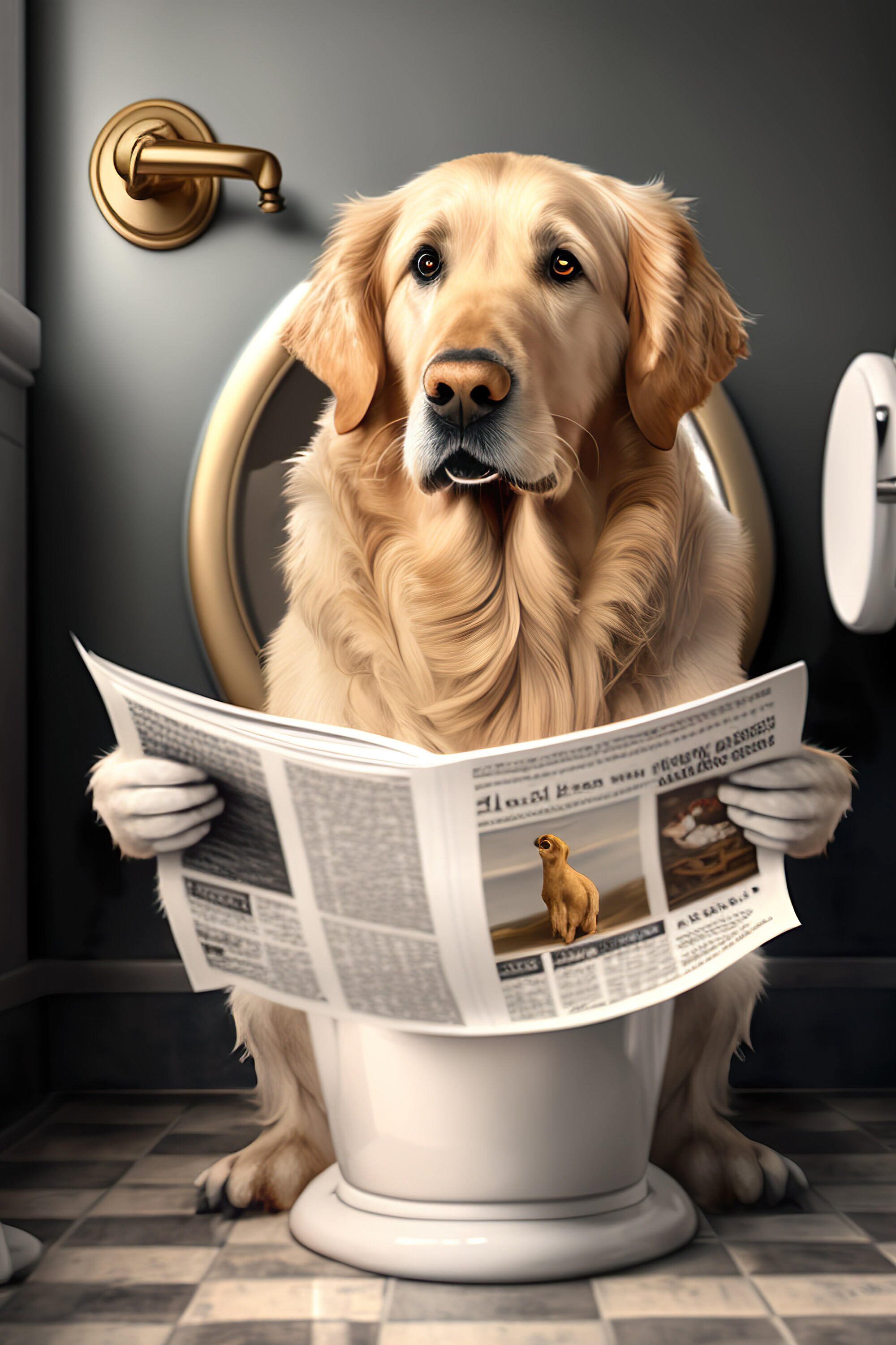 Golden Retriever Sitting on the Toilet Reading a Newspaper Etsy