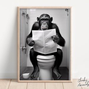 Puede incluir: Una fotografía en blanco y negro de un chimpancé sentado en un inodoro y leyendo un periódico. El chimpancé tiene una expresión seria. La imagen está enmarcada en un marco de madera.