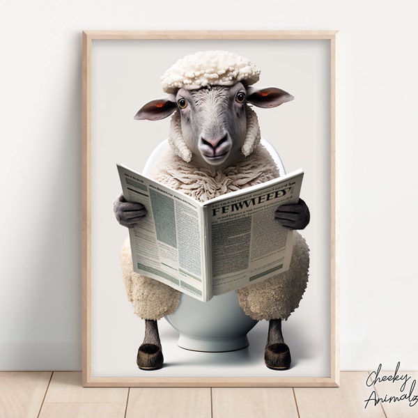 Mouton assis sur les toilettes en lisant un journal, humour drôle de salle de bain, décoration murale, imprimé animal drôle, imprimables pour la maison, impressions numériques AI