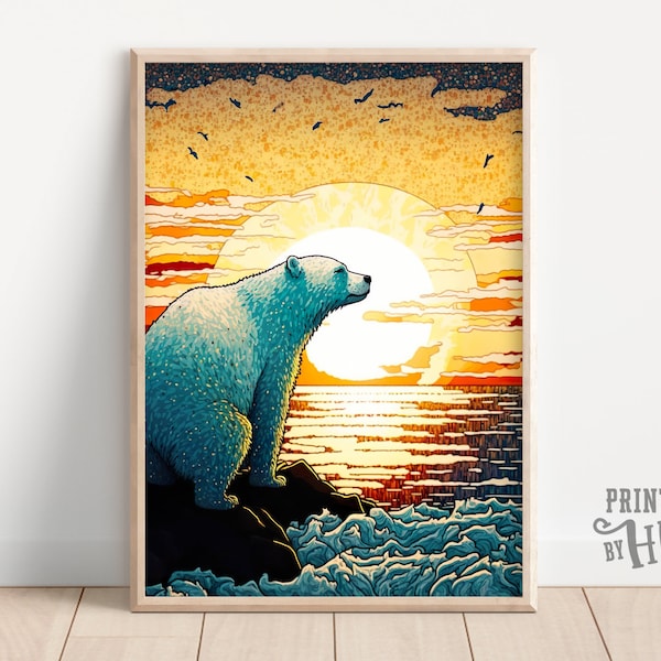 Polar Bear Wall Art, Pointillism Animal Art, Printables, Arctic Landscape, Polar Bear Print, Beautiful Home Wall Decor, AI Created