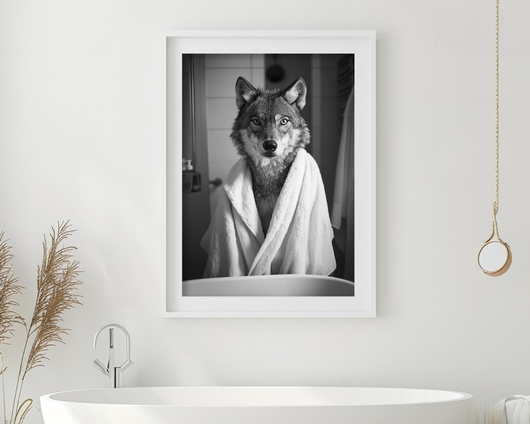 Wolves Bath Funny Wolf in Bathrobe Print: Retro Bathroom Animal Wall Art (digital ...