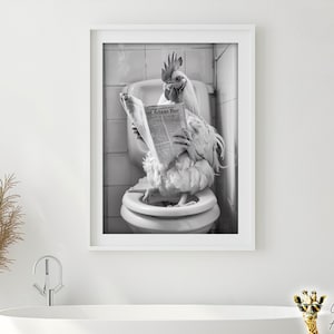 Chicken Sitting on the Toilet Reading a Newspaper, Funny Bathroom Wall Art, Funny Vintage Style Animal Photo, Animal Print, Printable AI Art