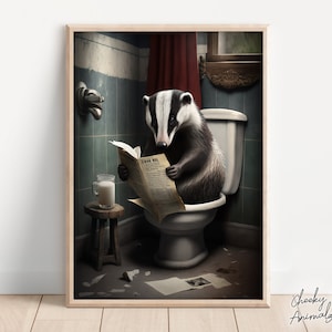 Badger Sitting on the Toilet Reading a Newspaper, Funny Bathroom Humor, Wall Decor, Funny Animal Print, Home Printables, AI Digital Prints