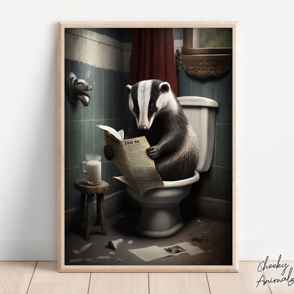 Badger Sitting on the Toilet Reading a Newspaper, Funny Bathroom Humor, Wall Decor, Funny Animal Print, Home Printables, AI Digital Prints