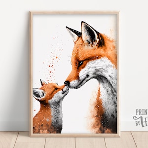 Mamá Zorra y Zorrito, Estampado de Animales Lindos, Mamá y Yo, Decoración de Habitación Infantil, Tapices Imprimibles, Arte Digital con IA, Hermoso Arte de Pared