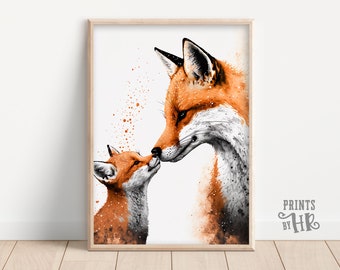 Mama Fox and Little Fox, Cute Animal Print, Mommy and Me, Nursery Room Decor, Printable Wall Hangings, AI Digital Art, Beautiful Wall Art