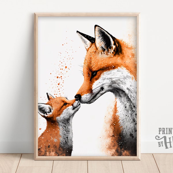 Mama Fox and Little Fox, Cute Animal Print, Mommy and Me, Nursery Room Decor, Printable Wall Hangings, AI Digital Art, Beautiful Wall Art