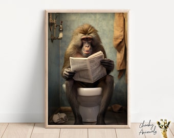 Funny Baboon Bathroom Print: Ape on Toilet Wall Art (Digital Download)