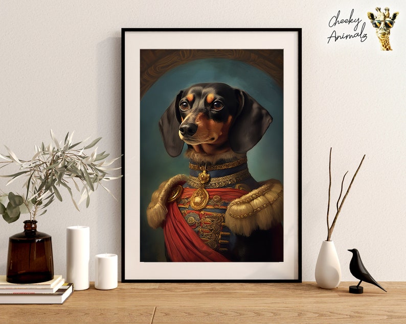 Aristocratic Dachshund, Funny Dog Wall Art, Renaissance Painting, Dog Portrait Print, Quirky Animal Art, Home Printables, AI Digital Art image 2