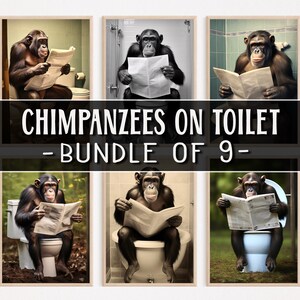 Peut inclure: Un ensemble de neuf impressions encadrées représentant des chimpanzés assis sur des toilettes et lisant des journaux. Les impressions sont toutes en noir et blanc et ont un aspect vintage. Le titre "Chimpanzés sur les toilettes - Lot de 9" est affiché en haut de l'image.