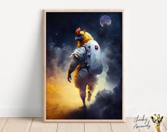 Astronaut Chicken, Funny Animals in Space Print, Chicken in a Spacesuit, Space Chicken Art, Quirky Animal Humor, Printables, AI Digital Art