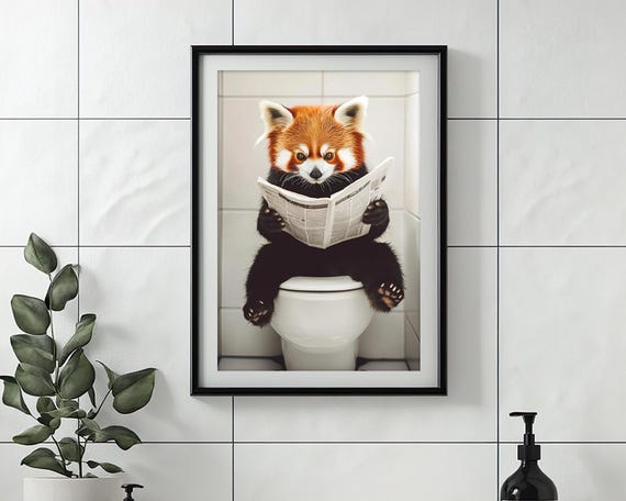 Red Panda Sitting on Toilet Reading Newspaper, Funny Bathroom Wall